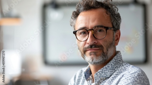 A man with a beard and glasses wearing a patterned shirt looking directly at the camera with a thoughtful expression. photo