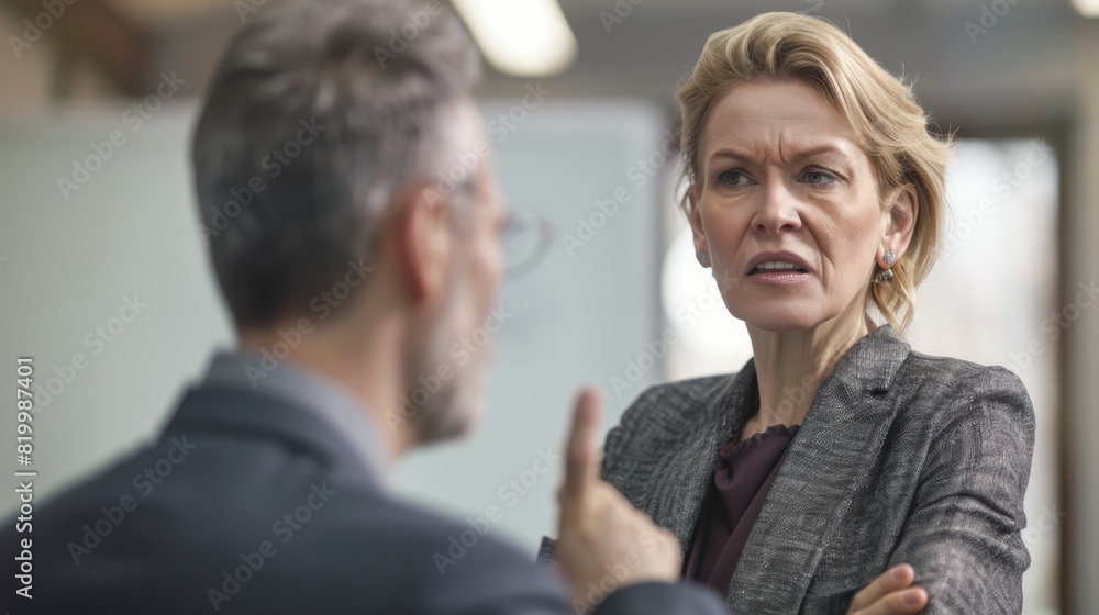 Obraz premium A woman with blonde hair wearing a gray blazer and a man with gray hair and glasses both in a professional setting engaged in a conversation.