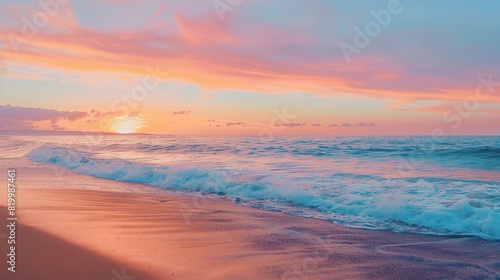 A beach at sunset. The sun is setting over the ocean  casting a golden glow over the sand and water.