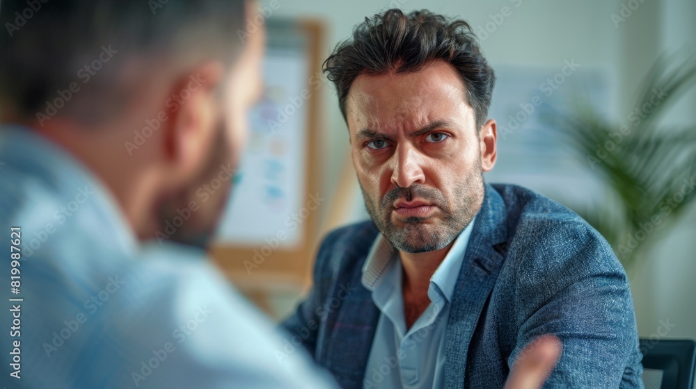 A man with a serious expression wearing a blue blazer and a white shirt sitting at a desk with a whiteboard in the background engaged in a conversation with another person whose face is not visible. A man with a serious expression wearing a blue blazer and a white shirt sitting at a desk with a whiteboard in the background engaged in a conversation with another person whose face is not visible.