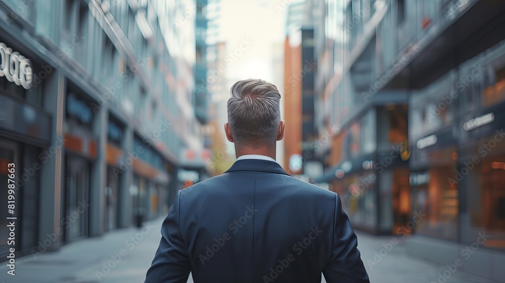 Backview of Successful Entrepreneur in Modern Suit: Confident Professional on City Street, Embracing Corporate Strategy and Urban Finance Backview of Successful Entrepreneur in Modern Suit: Confident Professional on City Street, Embracing Corporate Strategy and Urban Finance
