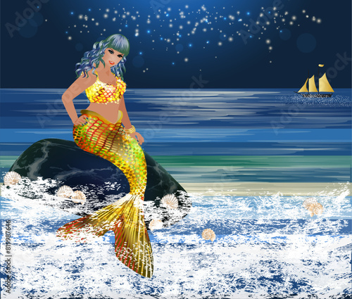 Tropical background, Plus size xxl golden Mermaid, vector illustration