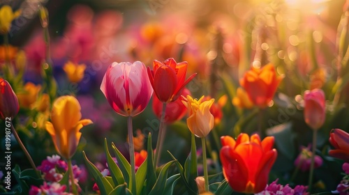 A photograph of a field of flowers. The flowers are mostly orange  yellow  and pink with green stems and leaves. The background is blurred.