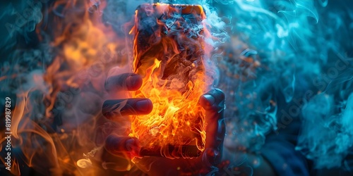 Man holding smoking smartphone fire hazard electrical overload unstable operation device breakdown. Concept Fire Hazard, Electrical Overload, Unstable Operation, Device Breakdown photo