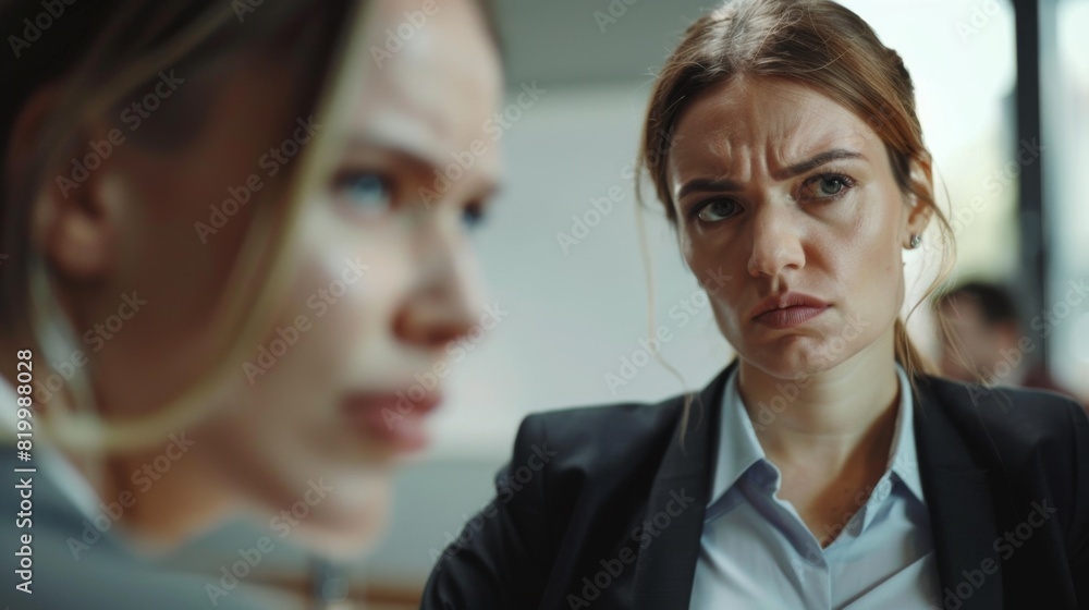 A woman with a concerned expression wearing a dark blazer and a light blue shirt in a blurred indoor setting. A woman with a concerned expression wearing a dark blazer and a light blue shirt in a blurred indoor setting.