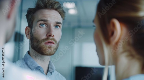 A man with a beard and blue eyes wearing a light blue shirt looking surprised or puzzled standing in front of a mirror with a woman in a blue dress behind him. © iuricazac