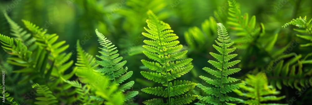 Vibrant green ferns highlighted by soft natural light in a dense forest.