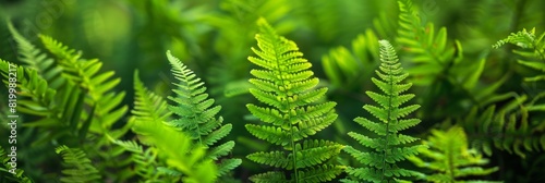 Vibrant green ferns highlighted by soft natural light in a dense forest.