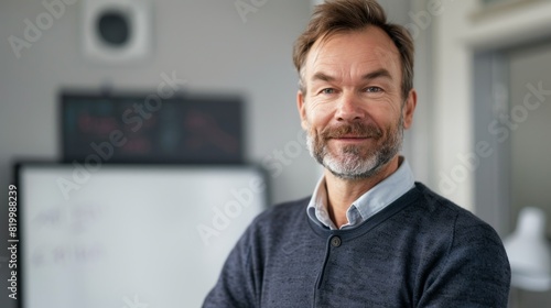 Smiling man with gray beard and hair wearing a blue sweater standing in front of a whiteboard with writing on it. © iuricazac