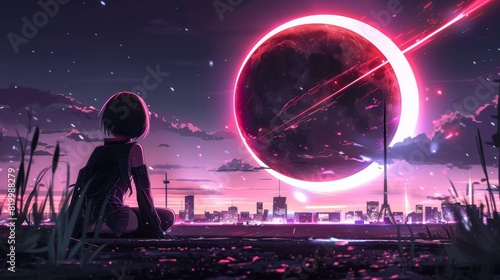 anime concept sky sunset landscape background eclipse, ai. anime illustrations. Illustrations