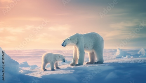 Mother and baby polar bears relax walks in extreme winter weather  polar bears family standing above snow with a view of the frost mountains