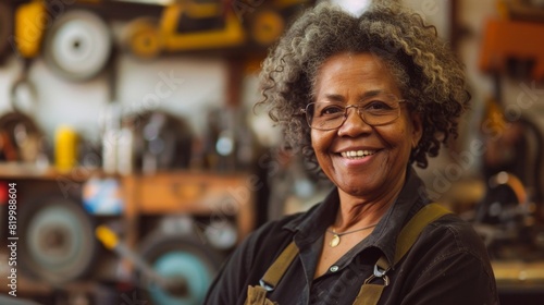 Smiling woman in a workshop wearing glasses and suspenders surrounded by tools and machinery.