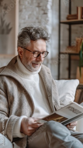 A man with glasses wearing a white turtleneck and a beige coat sitting on a couch and reading a
