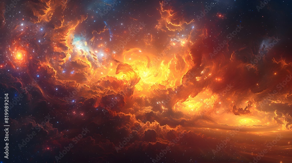 Magnificent Cosmic Inferno:Explosive Galactic Nebula Bursting with Fiery Energy and Radiant Light