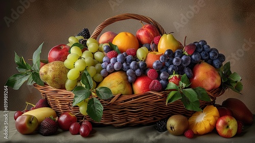 An overflowing wicker basket with a variety of fruits including apples  grapes  peaches  pears  and plums.  