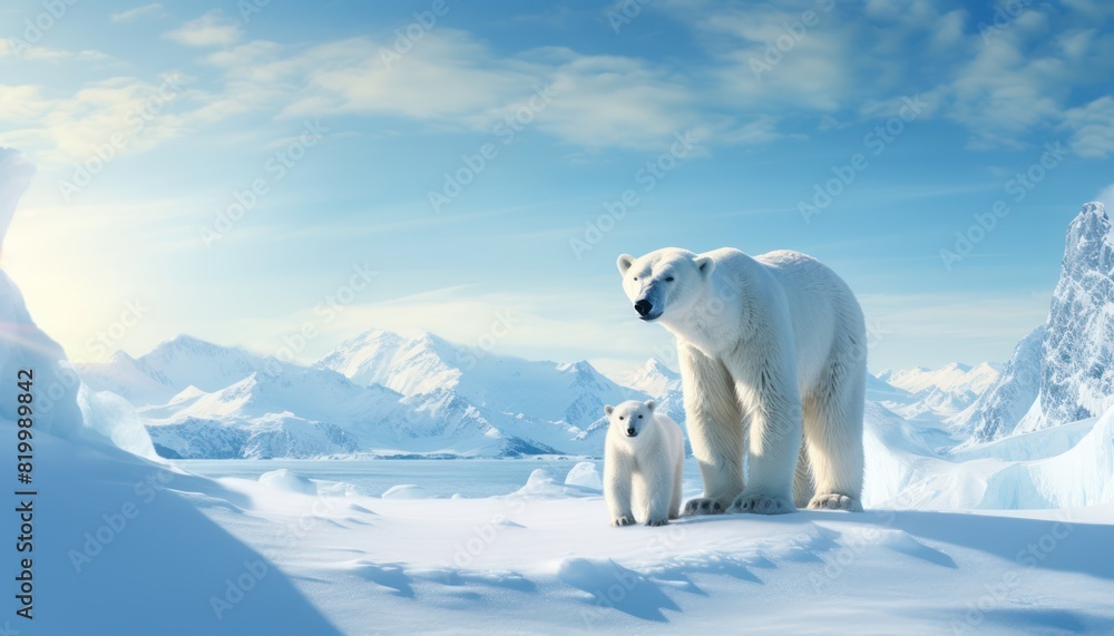 Mother and baby polar bears relax walks in extreme winter weather, polar bears family standing above snow with a view of the frost mountains Mother and baby polar bears relax walks in extreme winter weather, polar bears family standing above snow with a view of the frost mountains