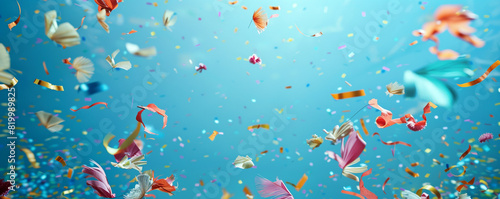 Enchanting confetti swirling in the air above a vibrant blue setting  portrayed in mesmerizing