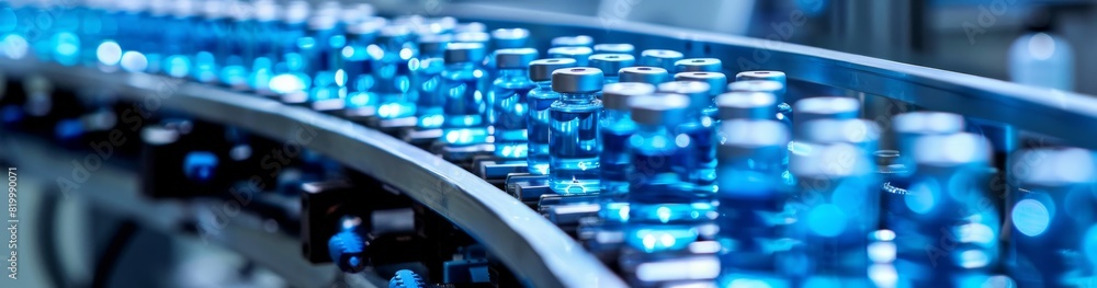 A pharmaceutical production line shows blue glass vials moving on a conveyor belt, highlighting sterile manufacturing of medicine. The industry uses automation for quality control A pharmaceutical production line shows blue glass vials moving on a conveyor belt, highlighting sterile manufacturing of medicine. The industry uses automation for quality control