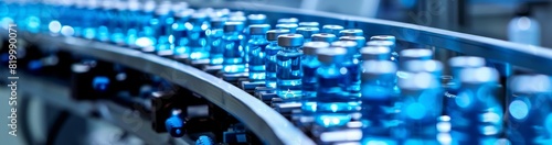 A pharmaceutical production line shows blue glass vials moving on a conveyor belt, highlighting sterile manufacturing of medicine. The industry uses automation for quality control
