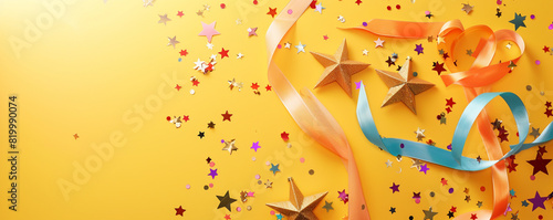 Festive short ribbons intertwined with sparkling paper stars and confetti on a sunlit yellow background.