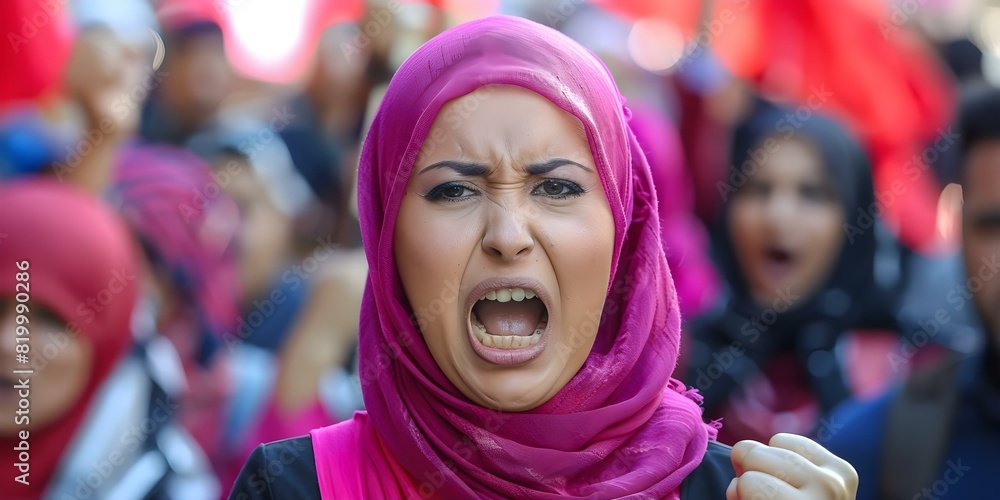 Muslim activist passionately protesting in crowd expressing anger and determination. Concept Activism, Protest, Muslim Rights, Expressive, Determination