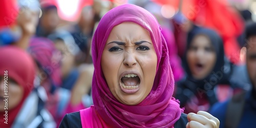 Muslim activist passionately protesting in crowd expressing anger and determination. Concept Activism, Protest, Muslim Rights, Expressive, Determination © Ян Заболотний