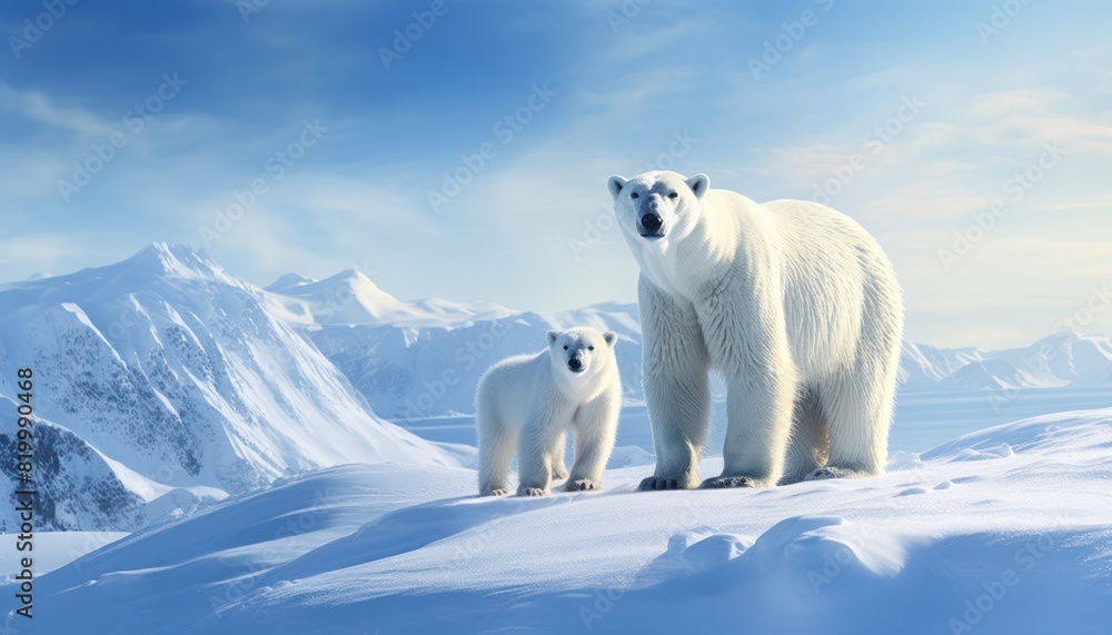 Mother and baby polar bears relax walks in extreme winter weather, polar bears family standing above snow with a view of the frost mountains Mother and baby polar bears relax walks in extreme winter weather, polar bears family standing above snow with a view of the frost mountains