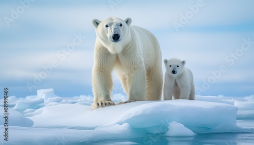 Mother and baby polar bears relax walks in extreme winter weather, polar bears family standing above snow with a view of the frost mountains