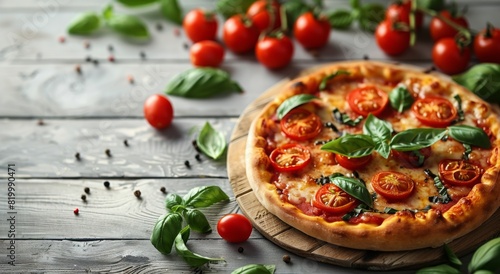 Pizza With Tomatoes and Herbs on a White Table