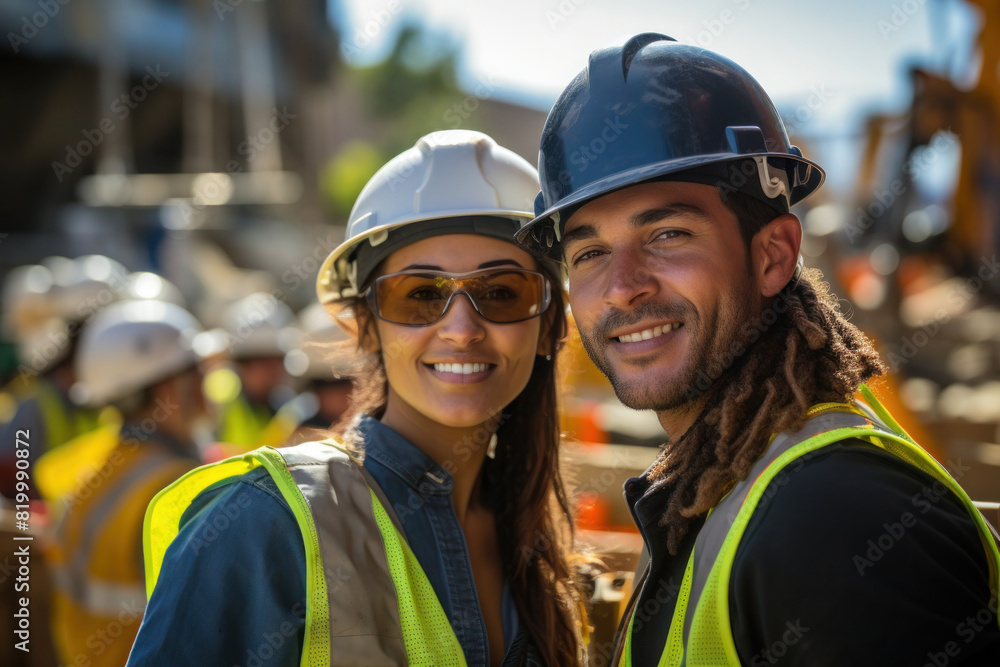 Construction workers, male and female, wearing protective helmets on a construction site. Selective focus. Construction workers, male and female, wearing protective helmets on a construction site. Selective focus.