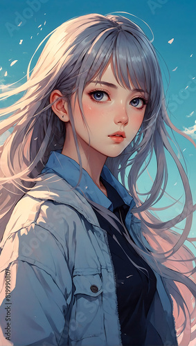 Portrait of a beautiful anime style young woman striking a pose as the wind tousles her hair