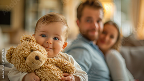 a sweet baby holding a stuffed toy with a soft gaze, with the parents' lovingly blurred forms in the warm background, epitomizing the comfort and security of a nurturing family environment.