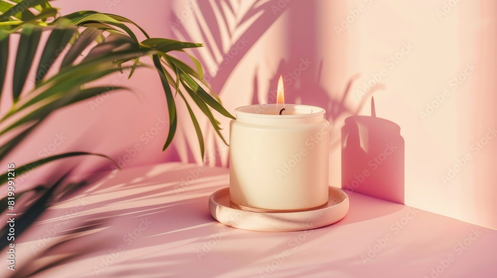 Candle mockup with copyspace in pink background for spa and relax themes. Ideal for advertising, product display, and design inspiration. Candle mockup with copyspace in pink background for spa and relax themes. Ideal for advertising, product display, and design inspiration.