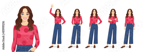 Young beautiful woman with curly hair standing in different poses. Isolated vector illustration set. © Volha Hlinskaya