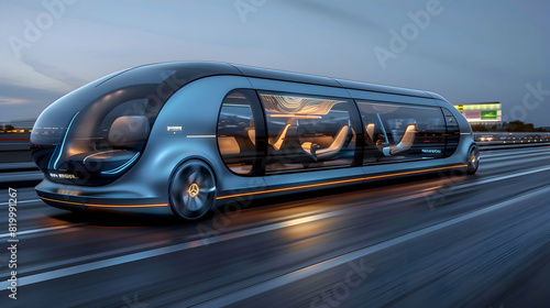 Futuristic Driverless Autonomous Minibus - Innovative Smart Mobility Concept photo