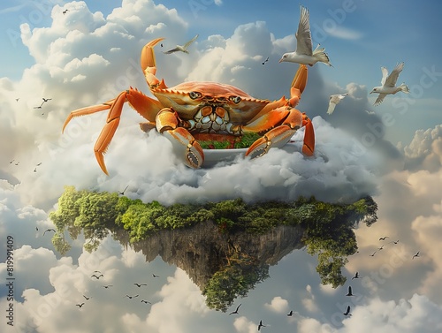 A crab is floating in the sky above a lush green island. The sky is filled with birds and clouds, creating a dreamy and whimsical atmosphere photo