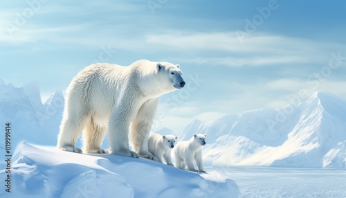 Mother and baby polar bears relax walks in extreme winter weather  polar bears family standing above snow with a view of the frost mountains