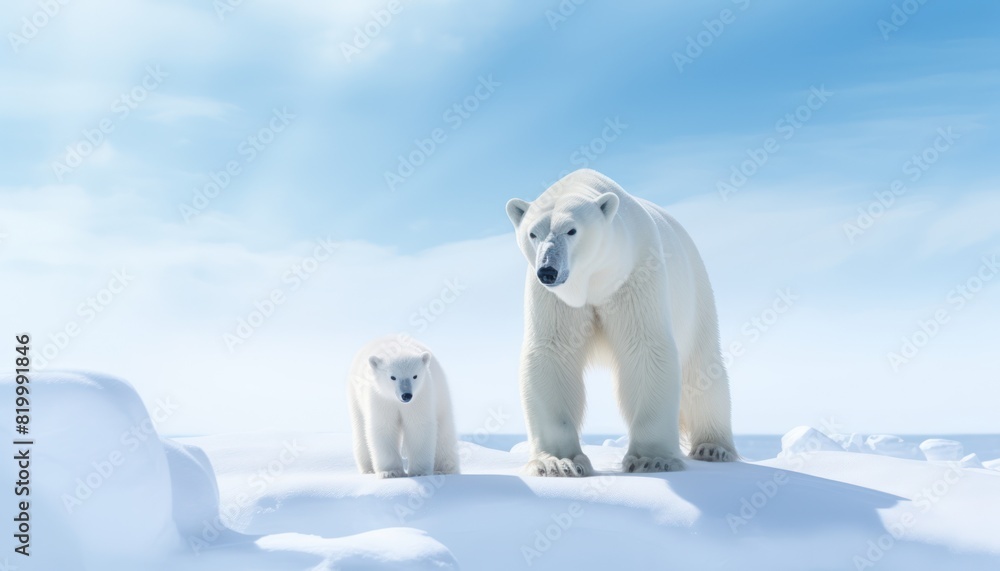 Mother and baby polar bears relax walks in extreme winter weather, polar bears family standing above snow with a view of the frost mountains Mother and baby polar bears relax walks in extreme winter weather, polar bears family standing above snow with a view of the frost mountains