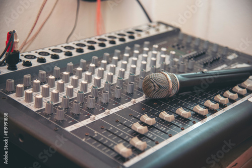 Obraz na plátně Production sound engineer hands working on recording studio mixing voice control