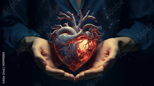 A detailed depiction of a heart in hands, symbolizing care and health