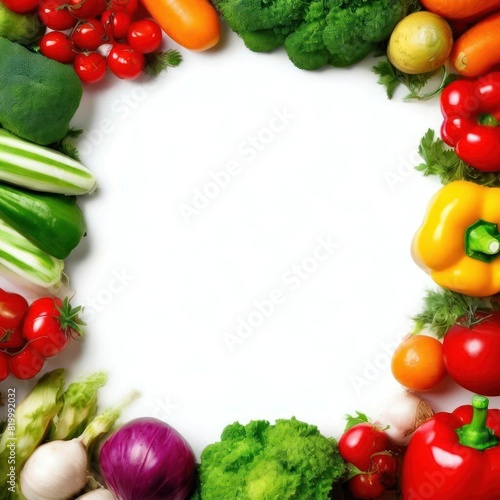 A frame made of fresh vegetables and on a white background. Design, place for text. AI