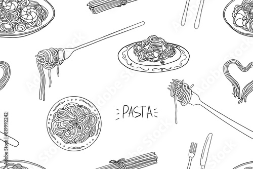 Seamless pattern of pasta, Italian cuisine, spaghetti, fork with spaghetti in doodle style. Pasta time. Pasta lover. Hand drawn. Great for menu design, banners, sites, packaging. Vector illustration