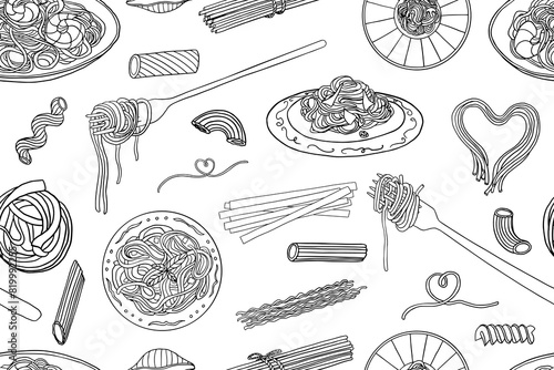 Seamless pattern of pasta, Italian cuisine, spaghetti and fork with spaghetti. Pasta time. Pasta lover. Doodle style. Hand drawn. Great for menu design, banners, sites, packaging. Vector illustration