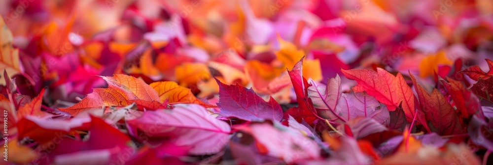 Close-up view of a colorful autumn leaf arrangement in fiery shades of red and purple. Close-up view of a colorful autumn leaf arrangement in fiery shades of red and purple.
