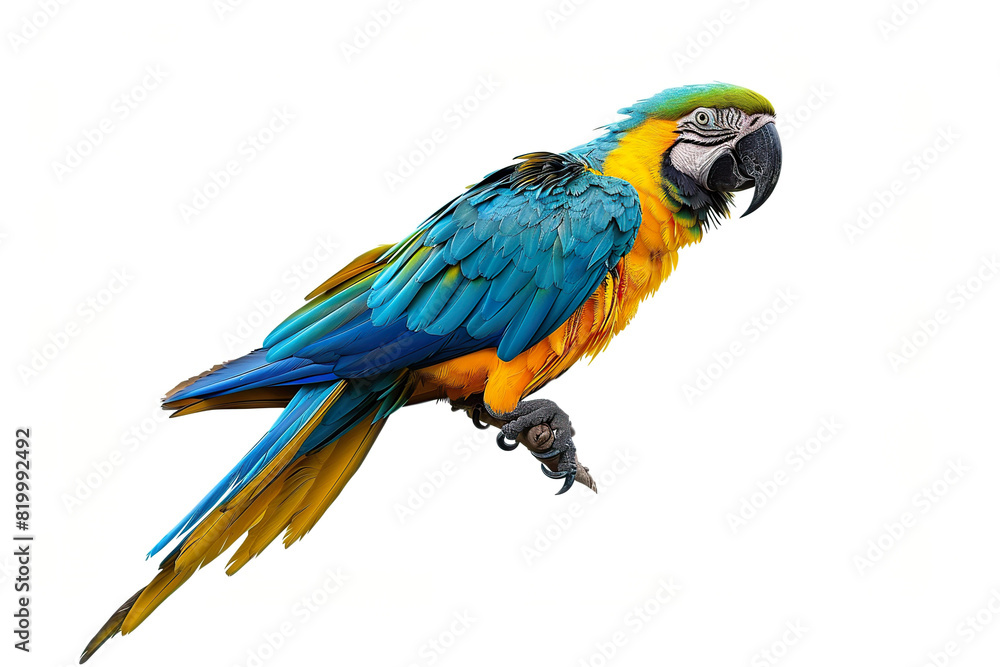 Fototapeta premium A blue and yellow macaw perched gracefully on white background.