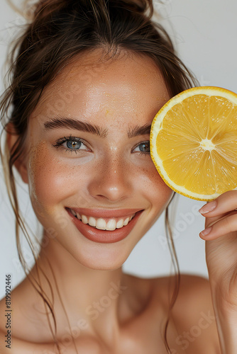 Portrait of a young woman with glowing skin, holding a slice of lemon close to her face.