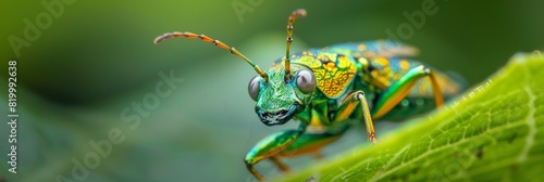 Detailed macro image of a jewel bug, showcasing its intricate patterns and bright green coloration.