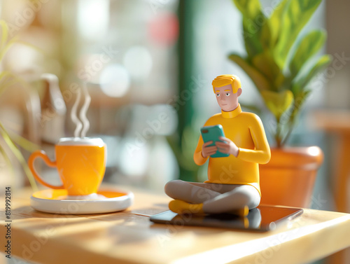 A person in a yellow sweater sits cross-legged on a table, engrossed in their smartphone. A steaming cup of coffee and a potted plant are nearby, creating a cozy, relaxed atmosphere.