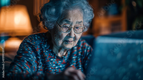 an elderly woman joyfully engaged in a video call with a younger family member, the laptop screen's glow illuminating her contented face