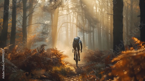 A cyclist riding through a dense forest in the early morning